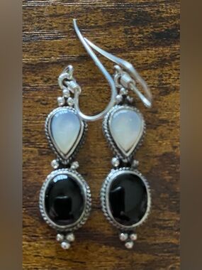 Black Onyx And Moonstone Earrings Full 925 Sterling Silver Back